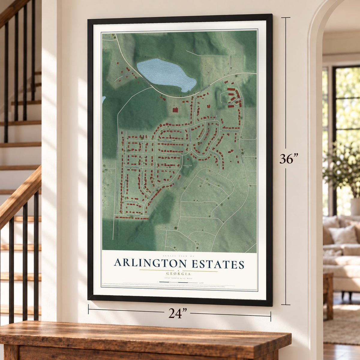Arlington Estates, Georgia map, 24 x 36 inch print in a black frame by a staircase