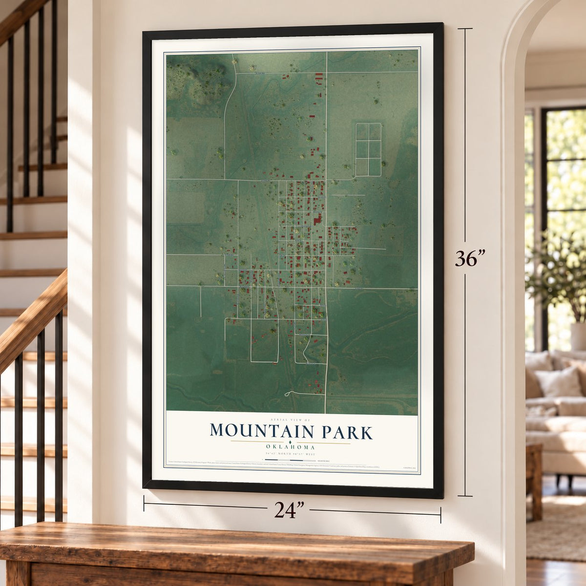 Mountain Park, Oklahoma map, 24 x 36 inch print in a black frame by a staircase