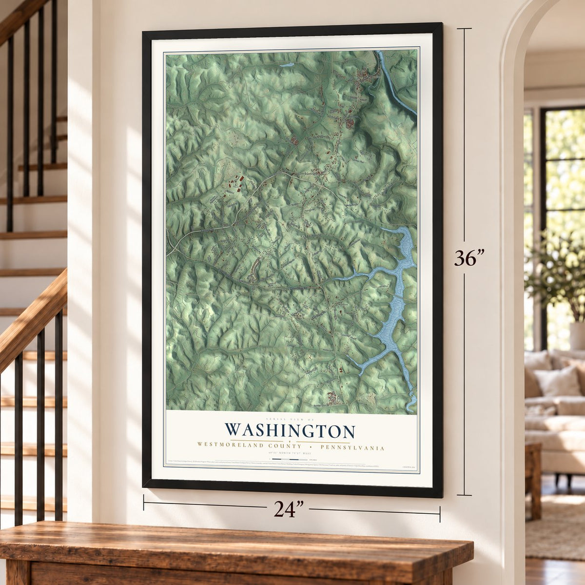 Washington, Westmoreland County, Pennsylvania map, 24 x 36 inch print in a black frame by a staircase