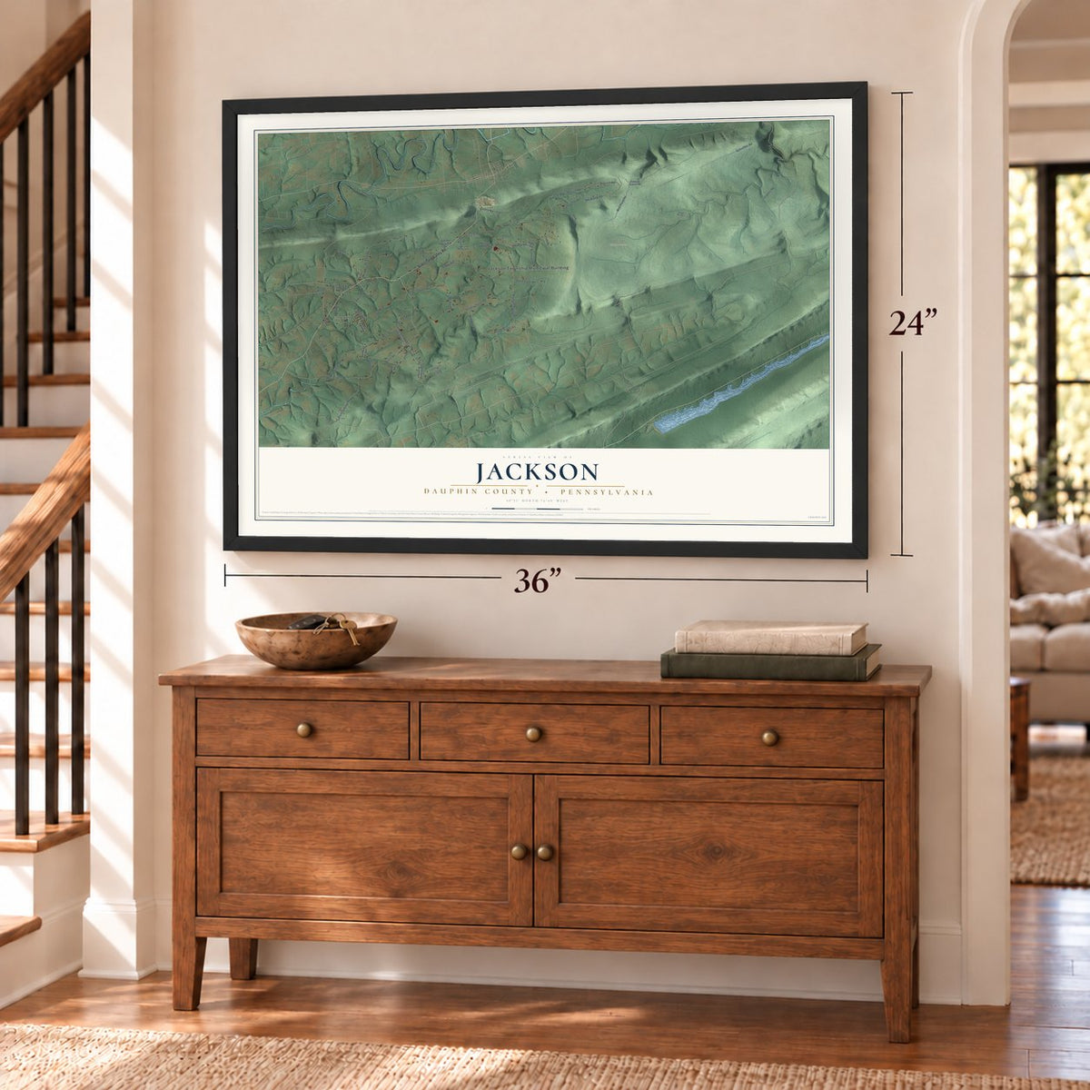 Jackson, Dauphin County, Pennsylvania map, 24 x 36 inch print in a black frame above a dresser by a staircase