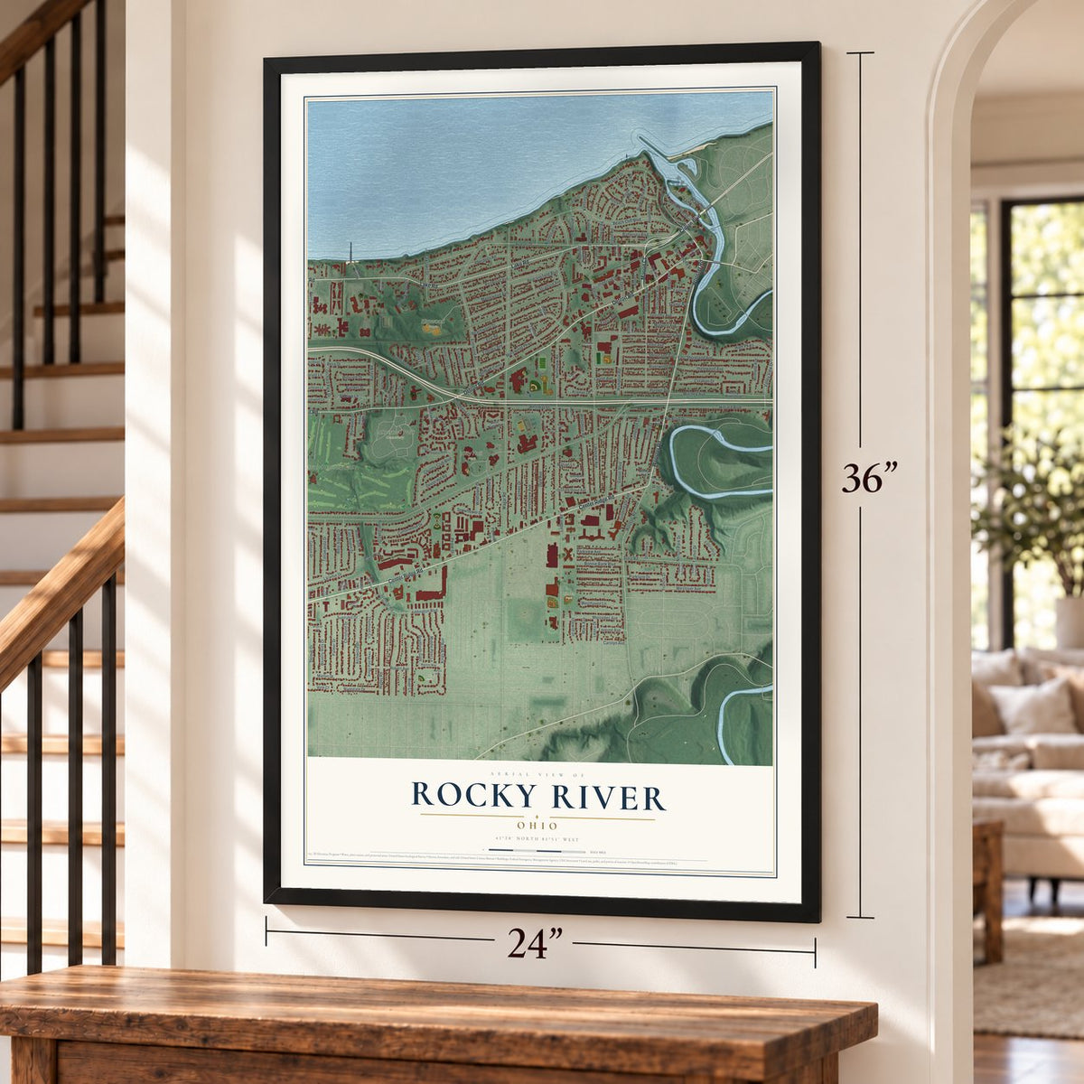 Rocky River, Ohio map, 24 x 36 inch print in a black frame by a staircase