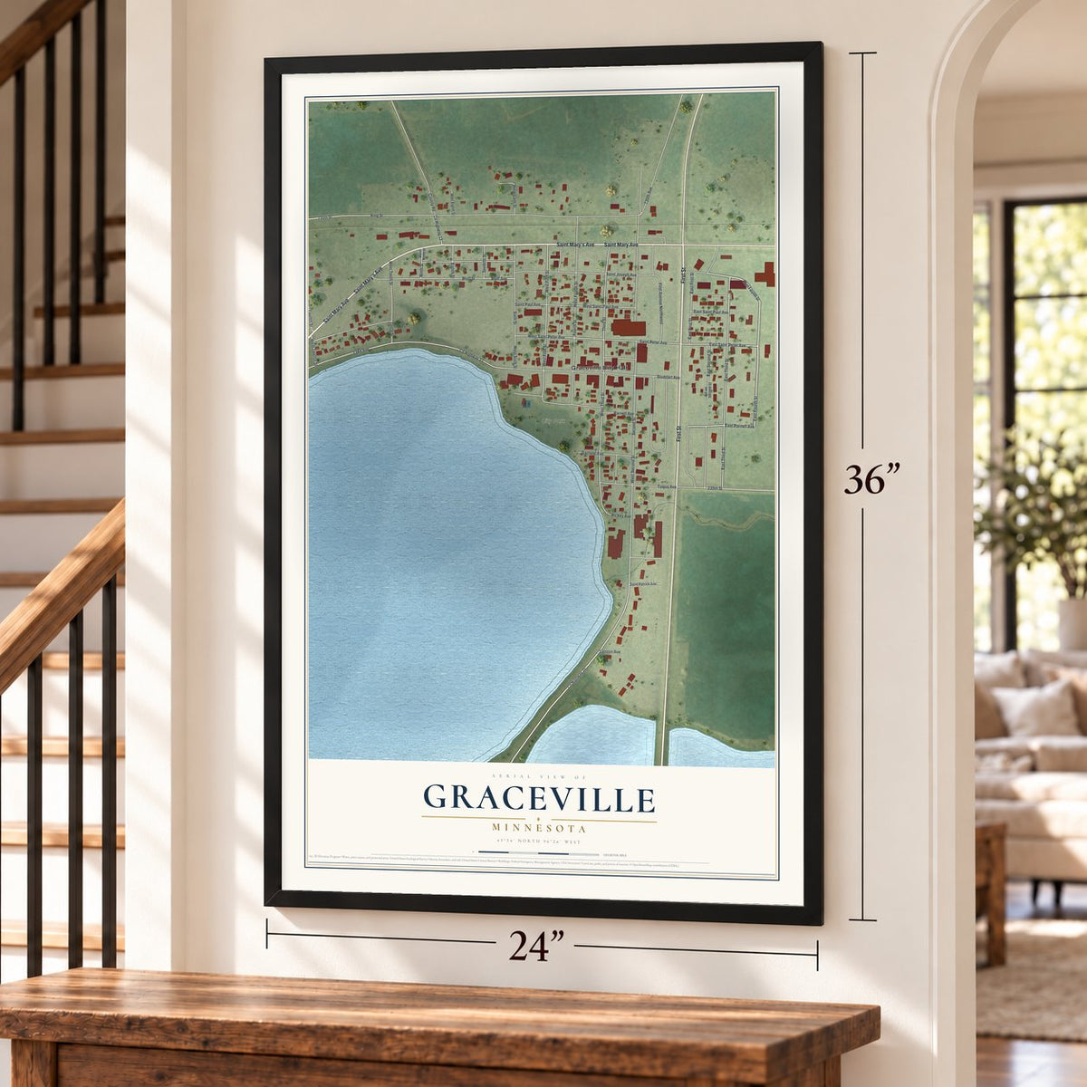 Graceville, Minnesota map, 24 x 36 inch print in a black frame by a staircase