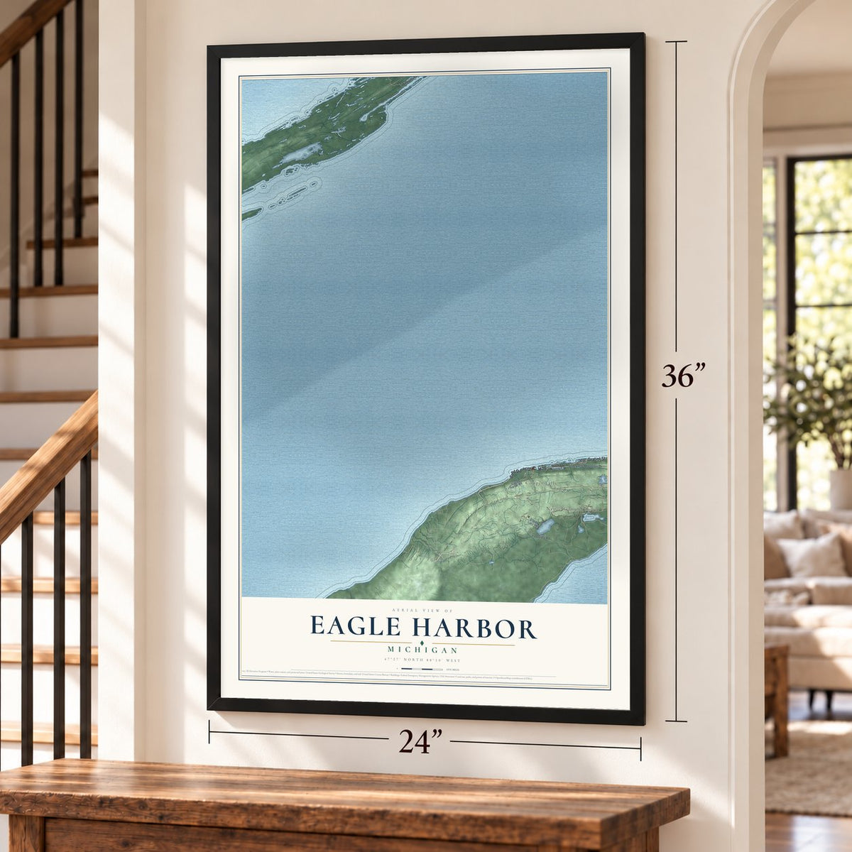 Eagle Harbor, Michigan map, 24 x 36 inch print in a black frame by a staircase