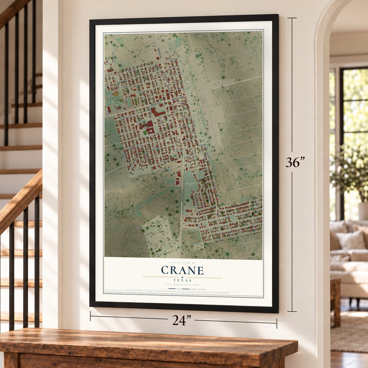 Crane, Texas map, 24 x 36 inch print in a black frame by a staircase