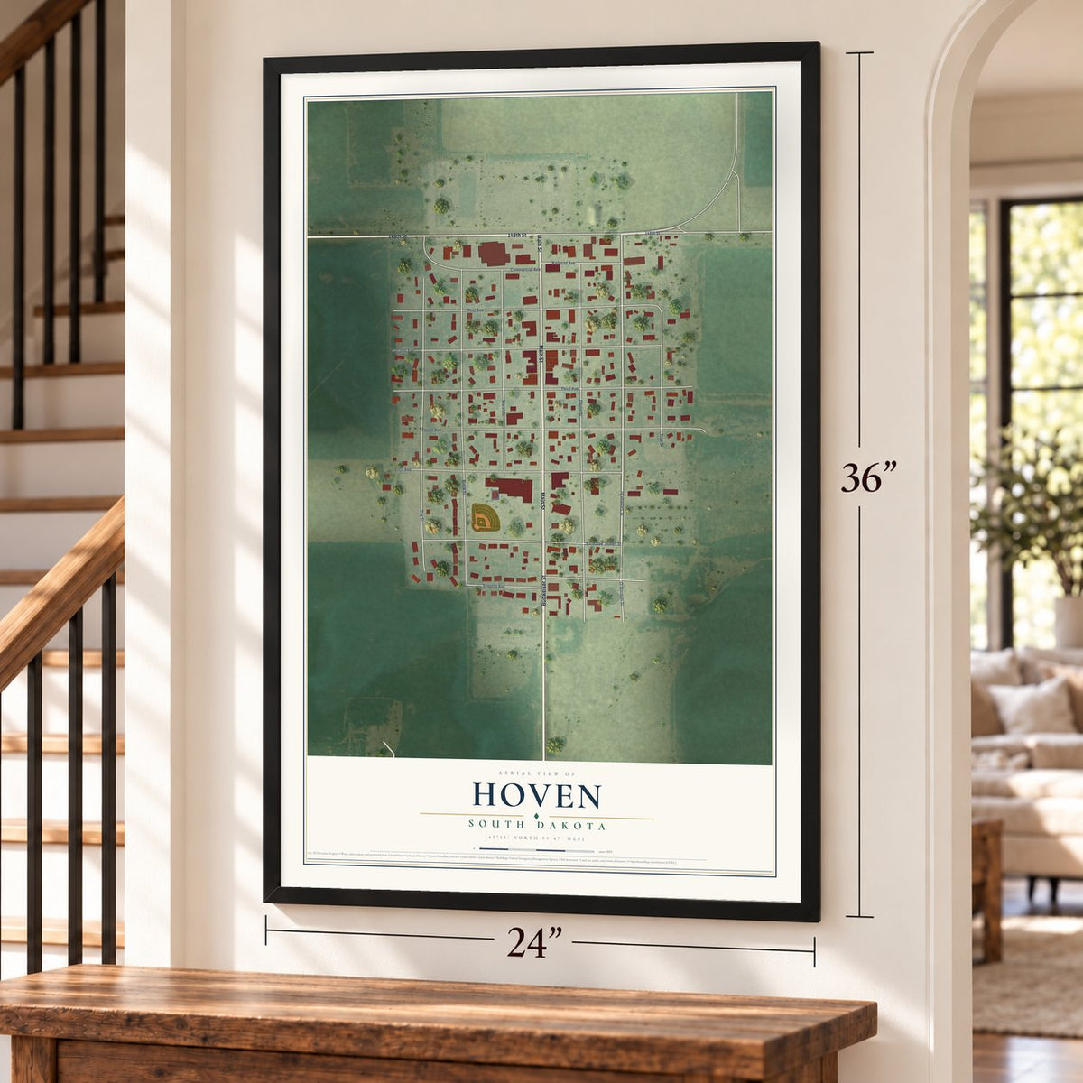 Hoven, South Dakota map, 24 x 36 inch print in a black frame by a staircase