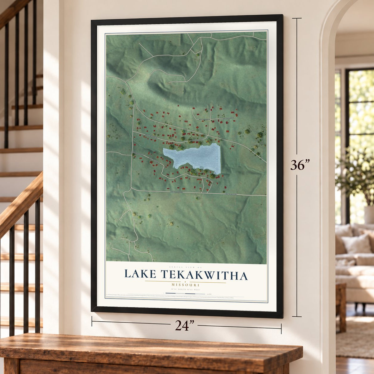 Lake Tekakwitha, Missouri map, 24 x 36 inch print in a black frame by a staircase