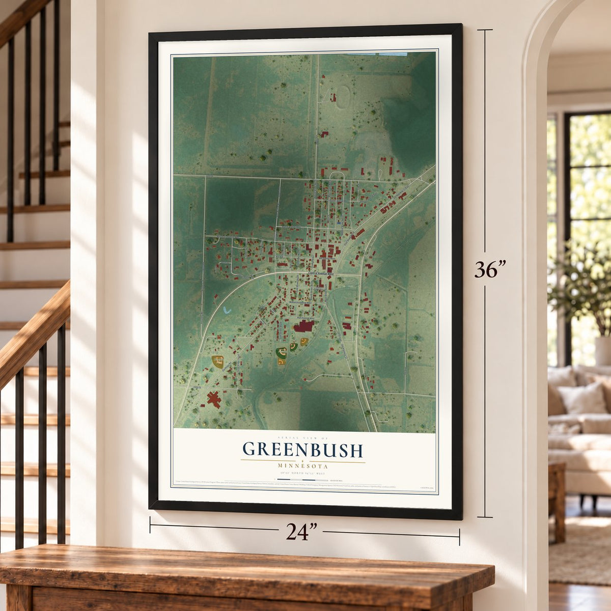 Greenbush, Minnesota map, 24 x 36 inch print in a black frame by a staircase