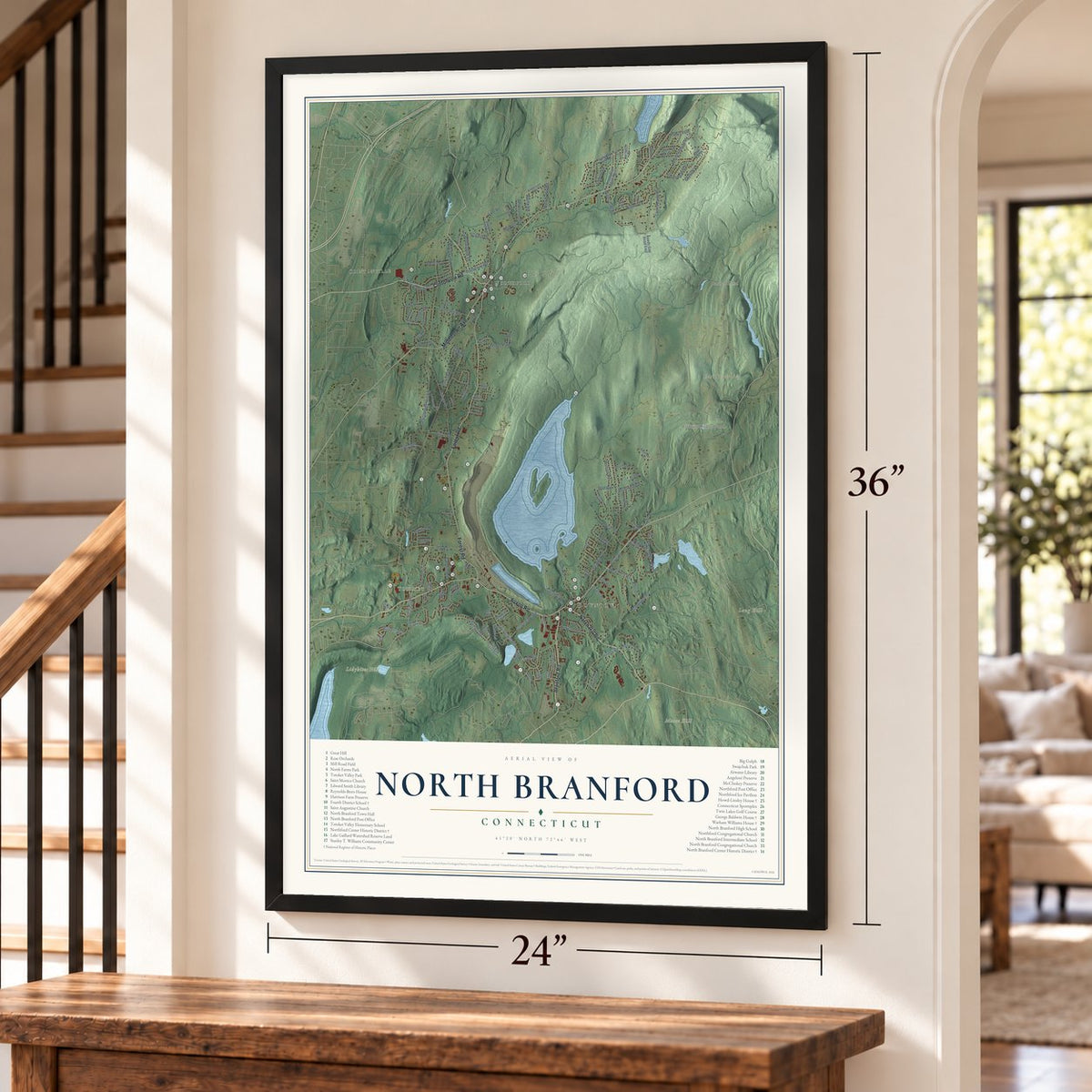 North Branford, Connecticut map, 24 x 36 inch print in a black frame by a staircase