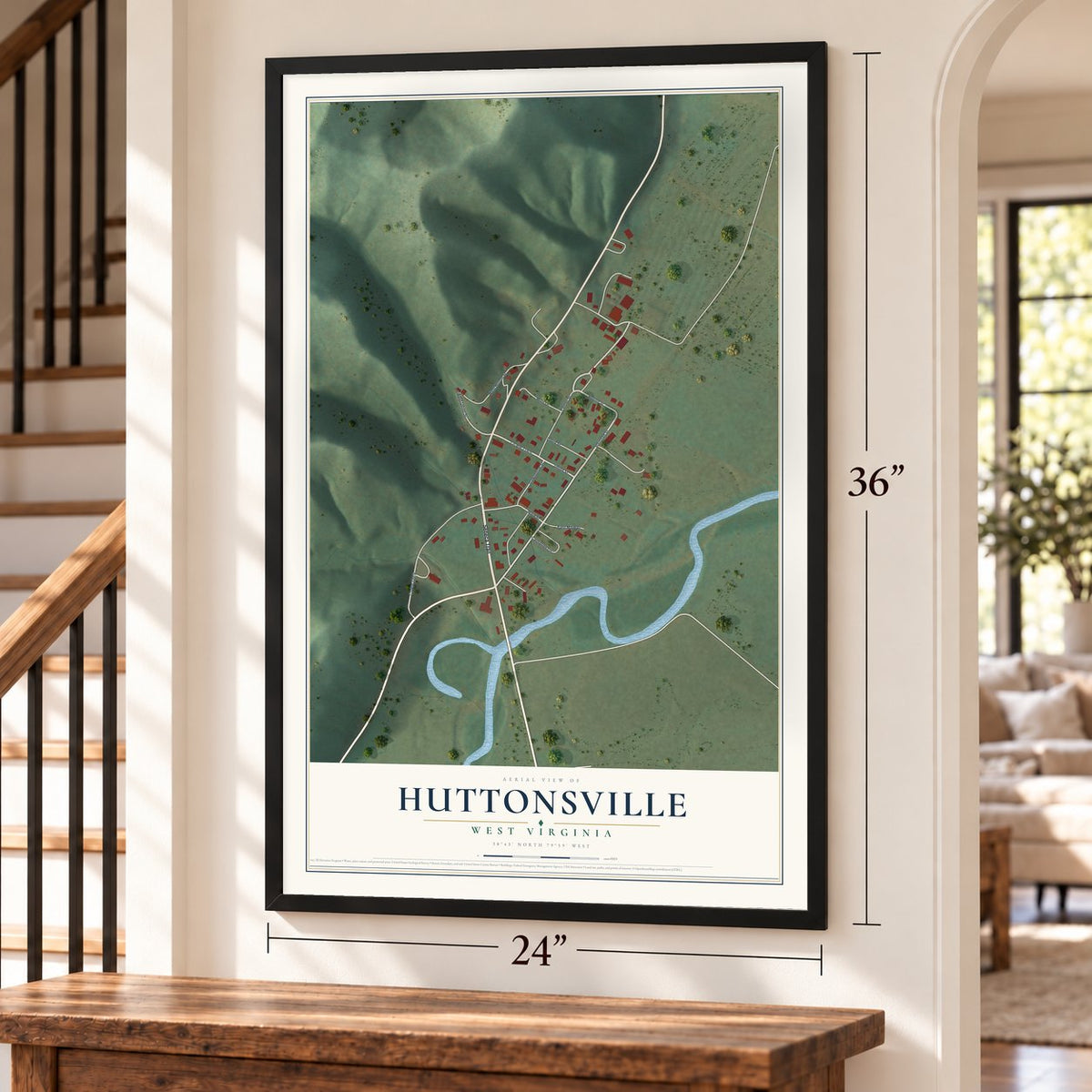 Huttonsville, West Virginia map, 24 x 36 inch print in a black frame by a staircase