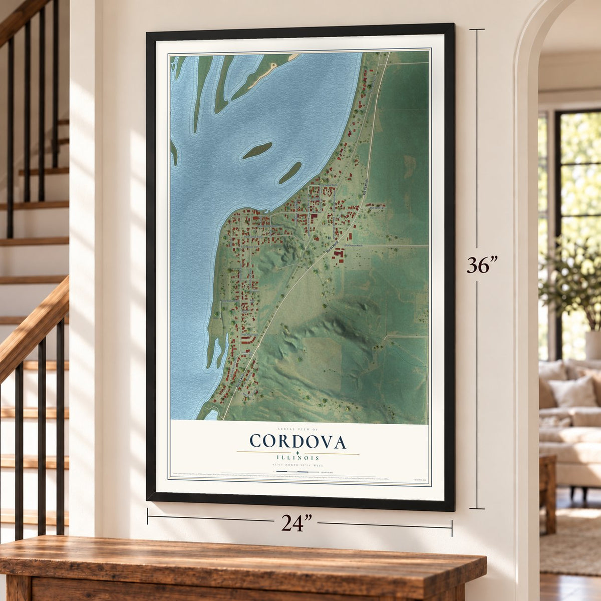 Cordova, Illinois map, 24 x 36 inch print in a black frame by a staircase