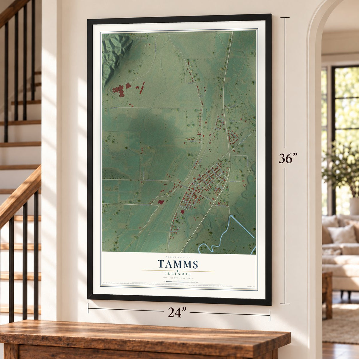 Tamms, Illinois map, 24 x 36 inch print in a black frame by a staircase