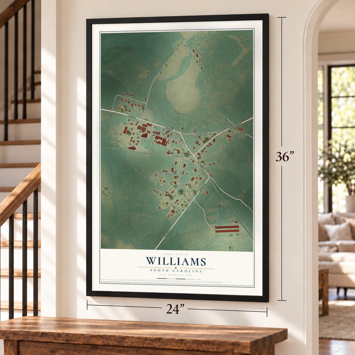 Williams, South Carolina map, 24 x 36 inch print in a black frame by a staircase