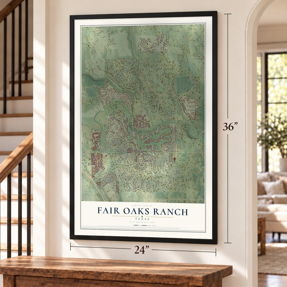 Fair Oaks Ranch, Texas map, 24 x 36 inch print in a black frame by a staircase