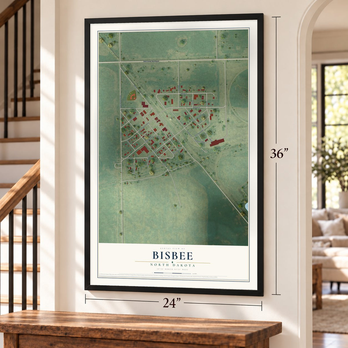 Bisbee, North Dakota map, 24 x 36 inch print in a black frame by a staircase