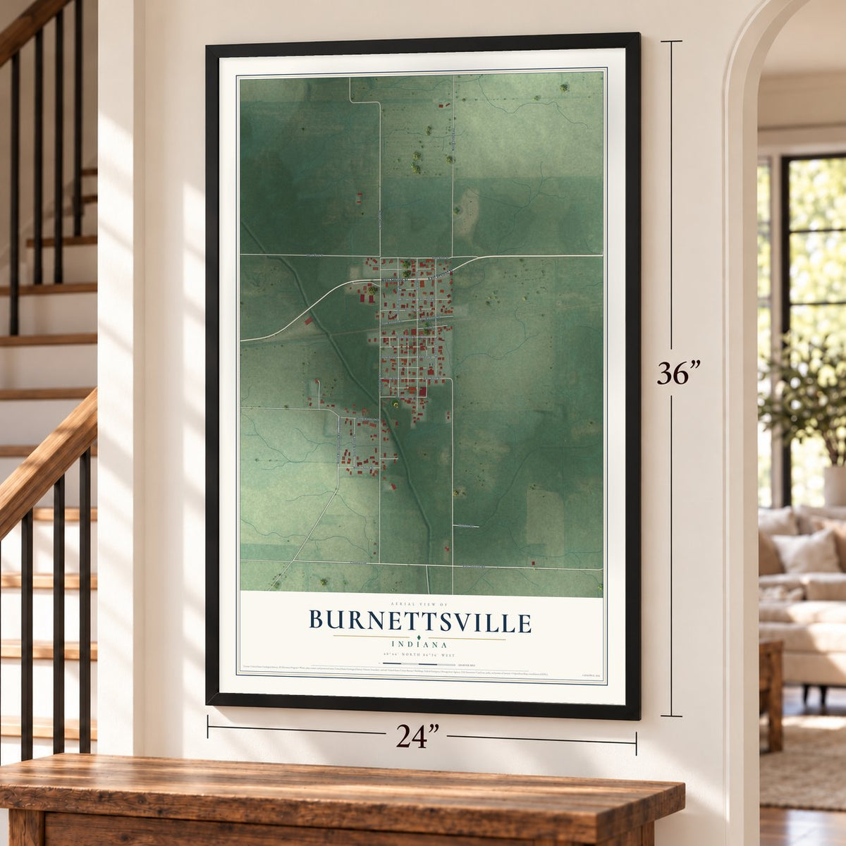 Burnettsville, Indiana map, 24 x 36 inch print in a black frame by a staircase
