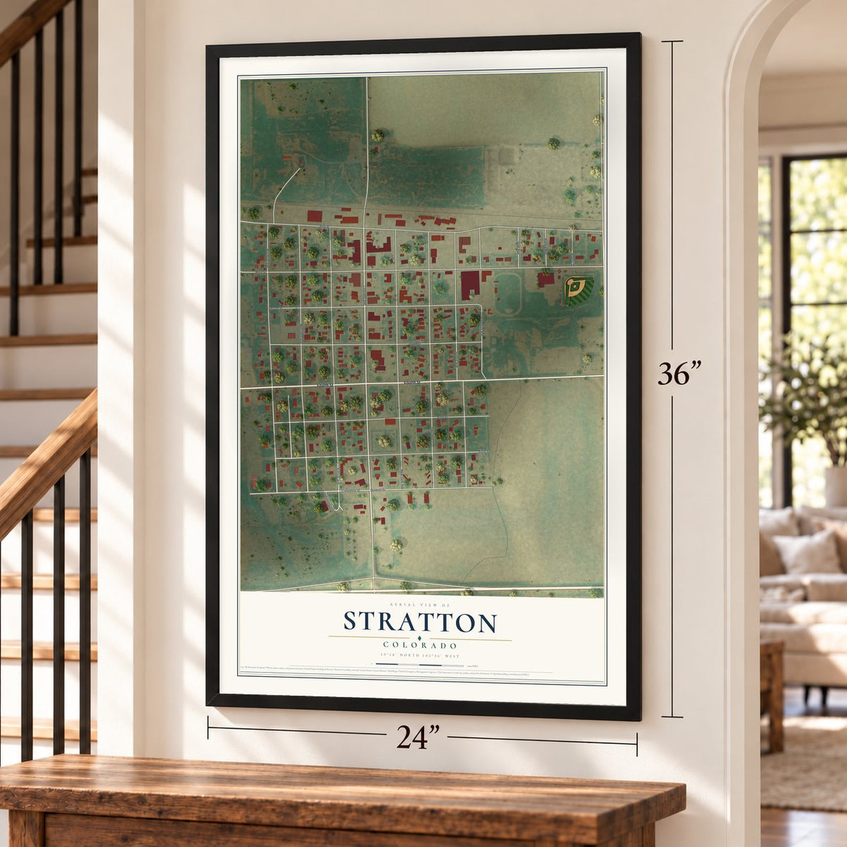 Stratton, Colorado map, 24 x 36 inch print in a black frame by a staircase