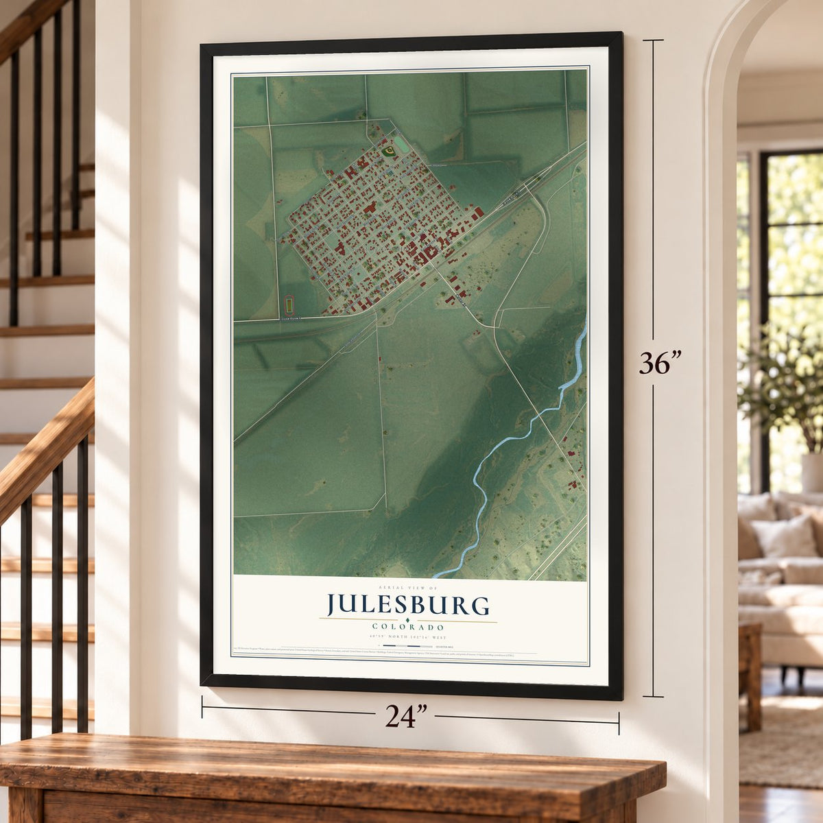 Julesburg, Colorado map, 24 x 36 inch print in a black frame by a staircase