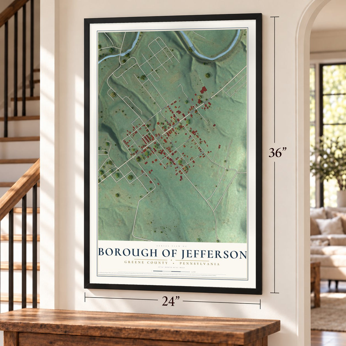 Borough of Jefferson, Greene County, Pennsylvania map, 24 x 36 inch print in a black frame by a staircase
