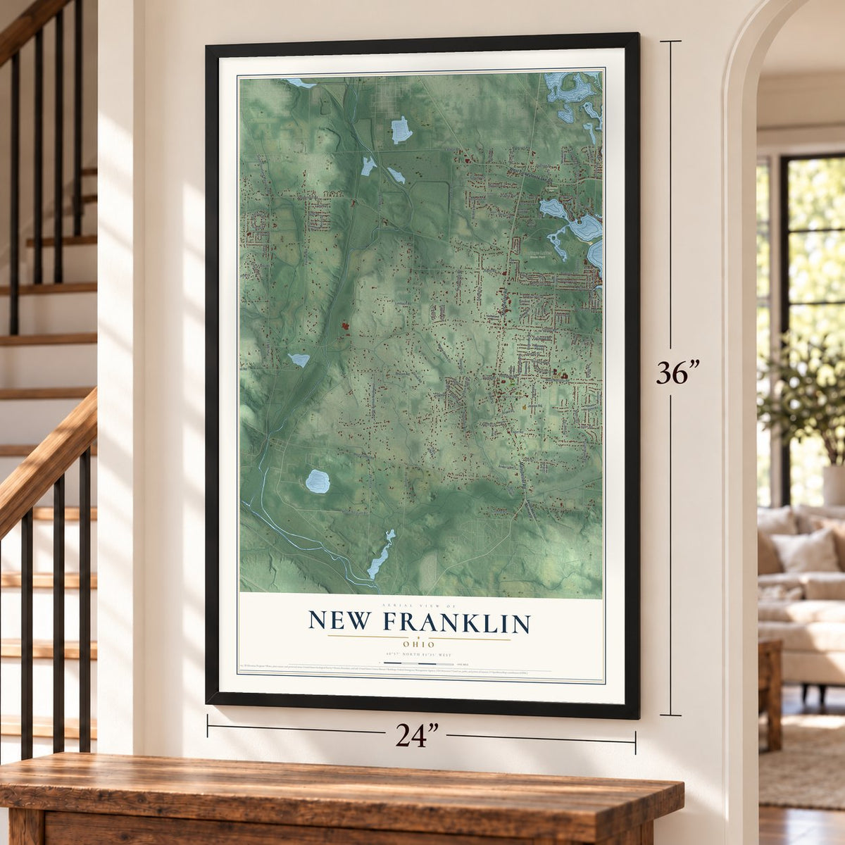 New Franklin, Ohio map, 24 x 36 inch print in a black frame by a staircase