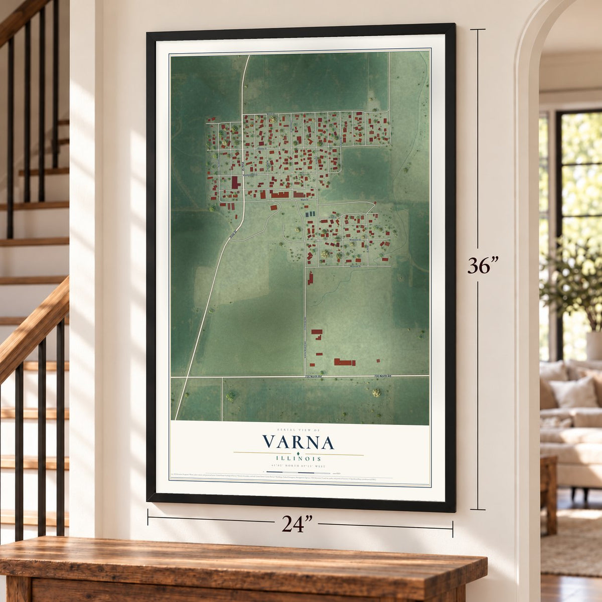Varna, Illinois map, 24 x 36 inch print in a black frame by a staircase