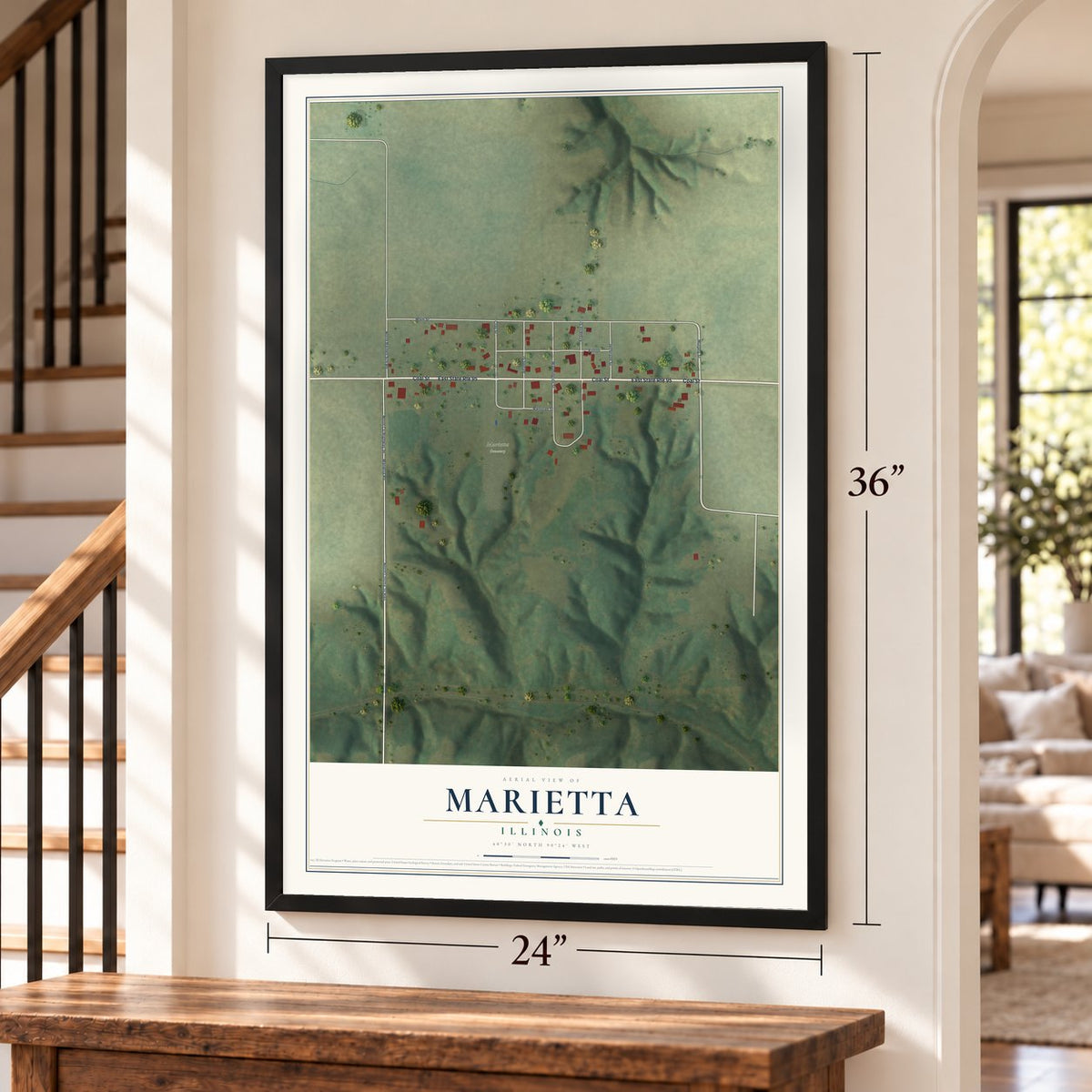 Marietta, Illinois map, 24 x 36 inch print in a black frame by a staircase