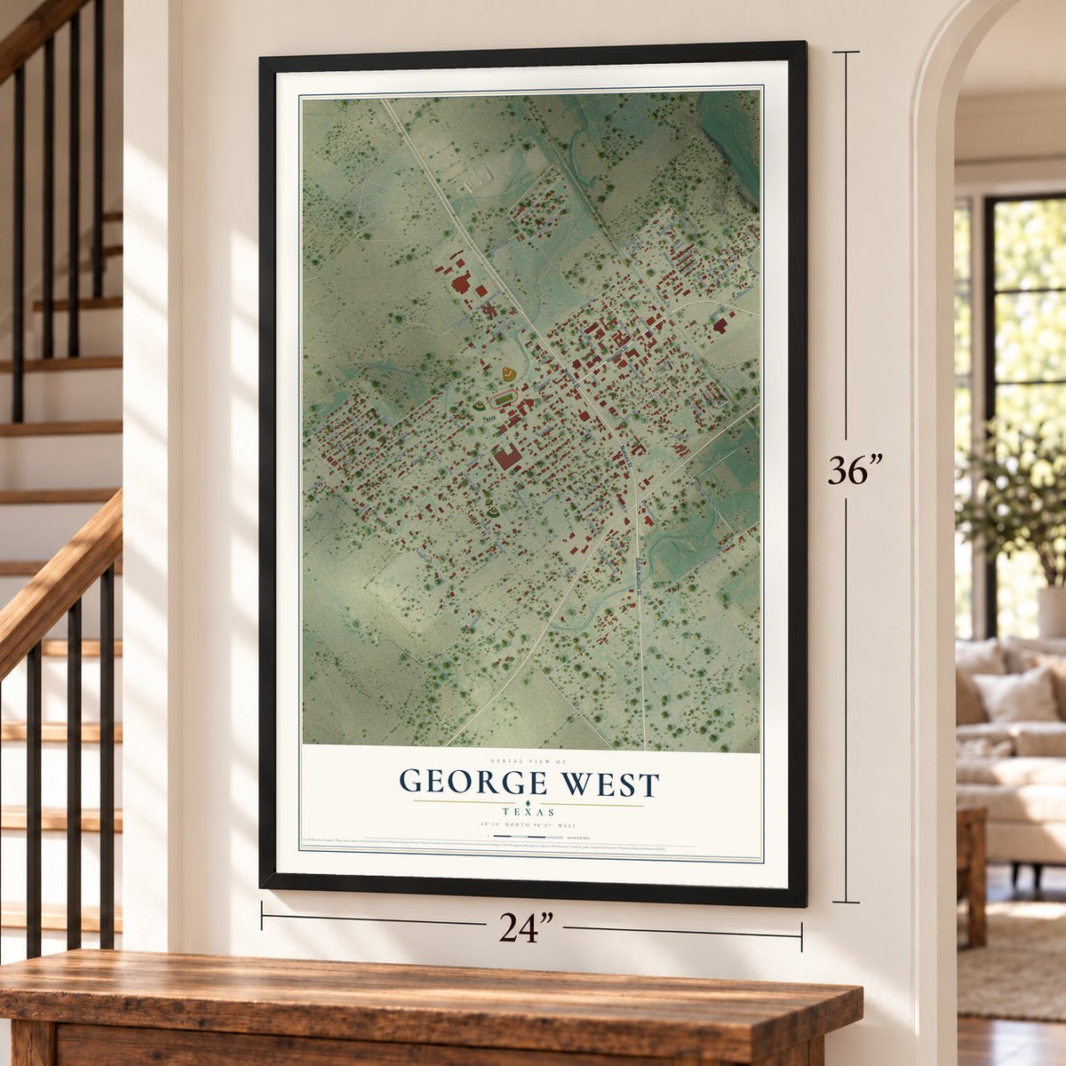 George West, Texas map, 24 x 36 inch print in a black frame by a staircase