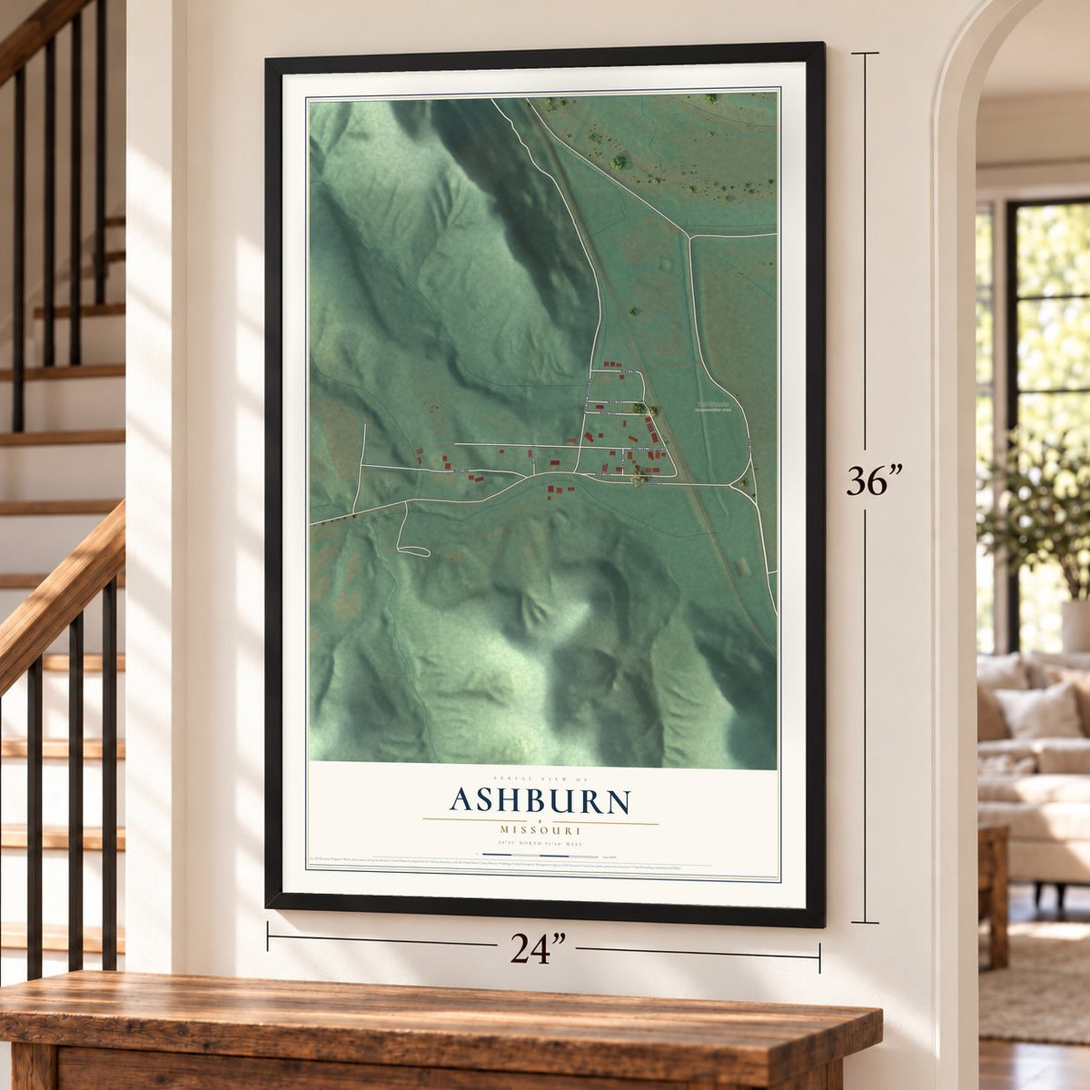 Ashburn, Missouri map, 24 x 36 inch print in a black frame by a staircase