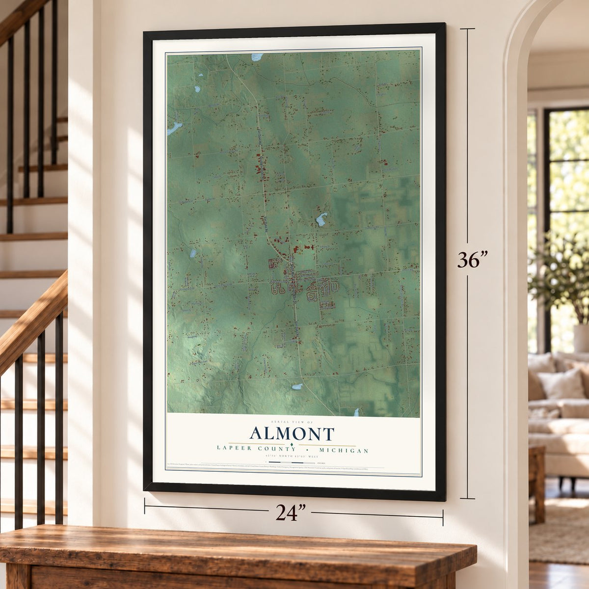 Almont, Lapeer County, Michigan map, 24 x 36 inch print in a black frame by a staircase