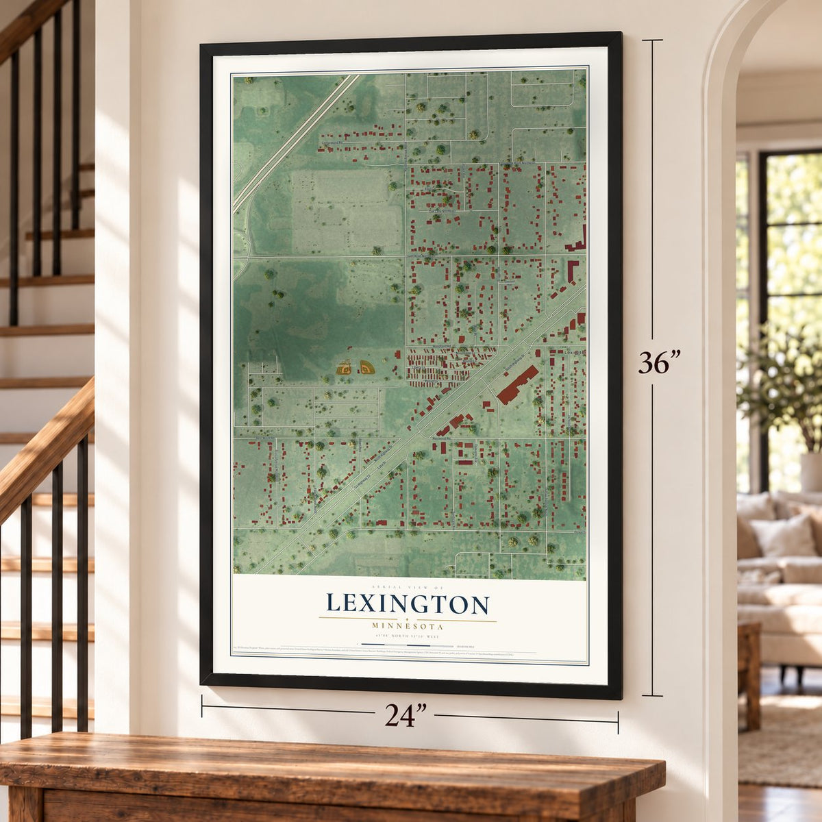 Lexington, Minnesota map, 24 x 36 inch print in a black frame by a staircase