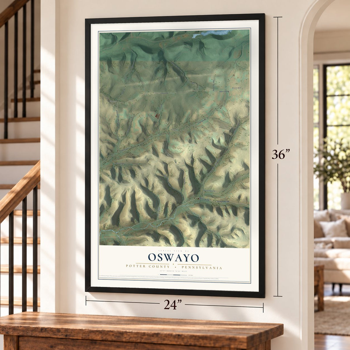 Oswayo, Potter County, Pennsylvania map, 24 x 36 inch print in a black frame by a staircase