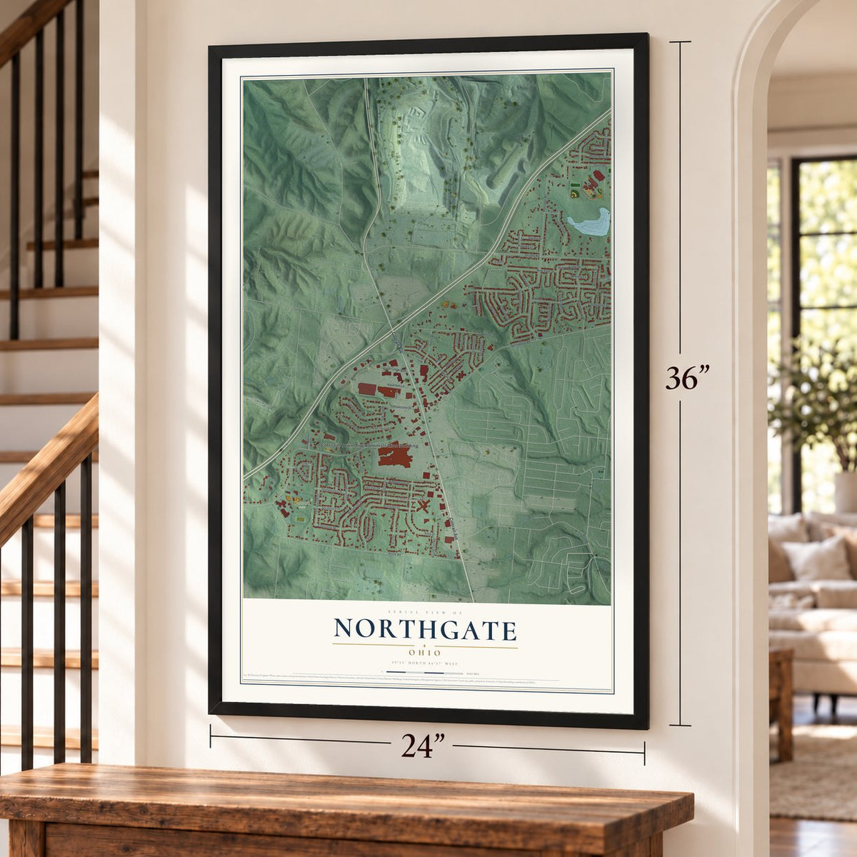 Northgate, Ohio map, 24 x 36 inch print in a black frame by a staircase