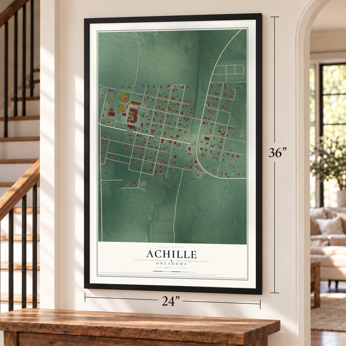Achille, Oklahoma map, 24 x 36 inch print in a black frame by a staircase