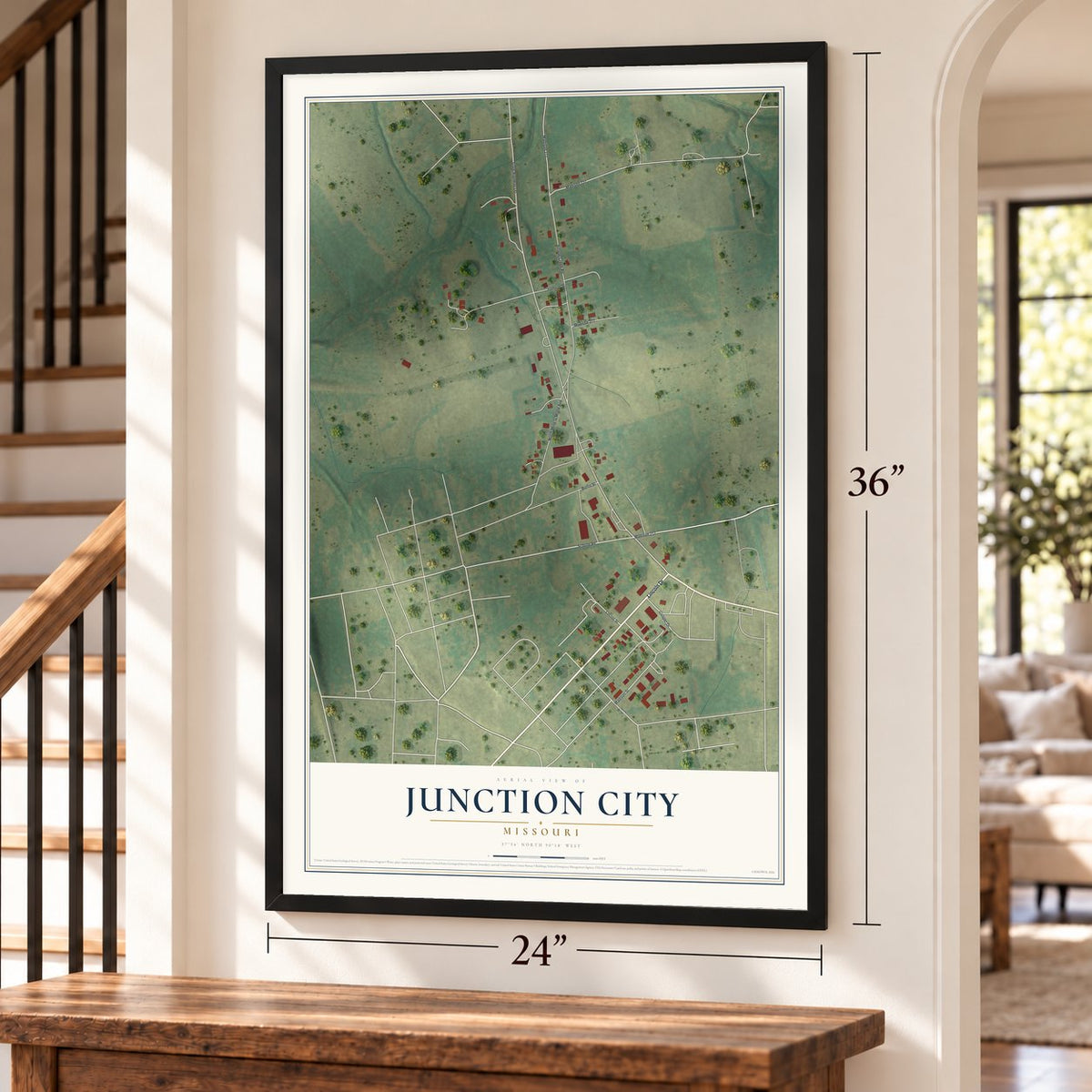 Junction City, Missouri map, 24 x 36 inch print in a black frame by a staircase