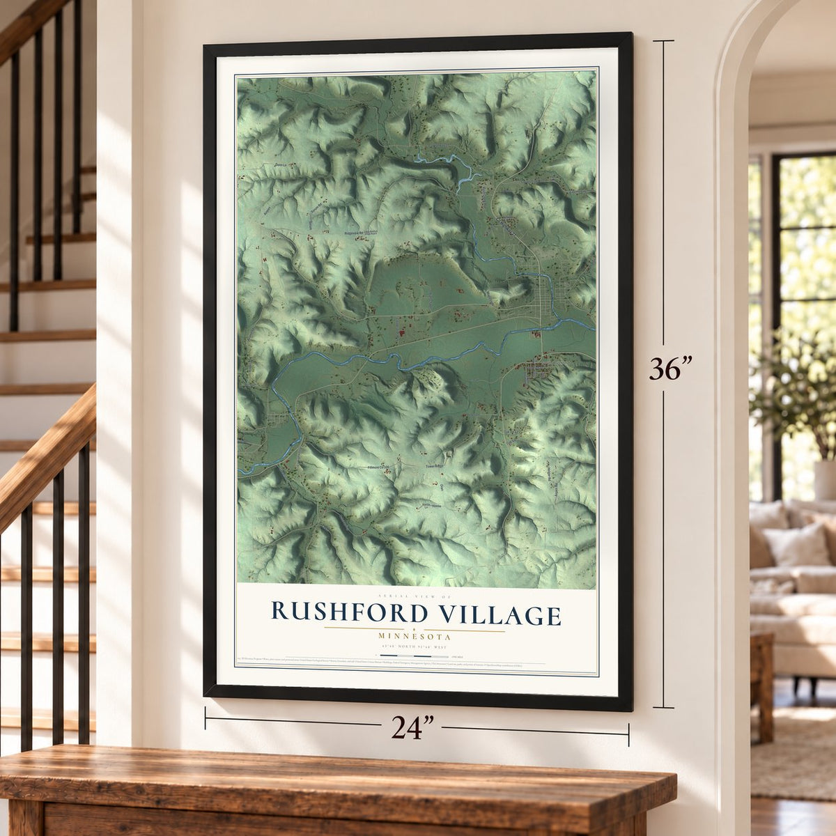 Rushford Village, Minnesota map, 24 x 36 inch print in a black frame by a staircase