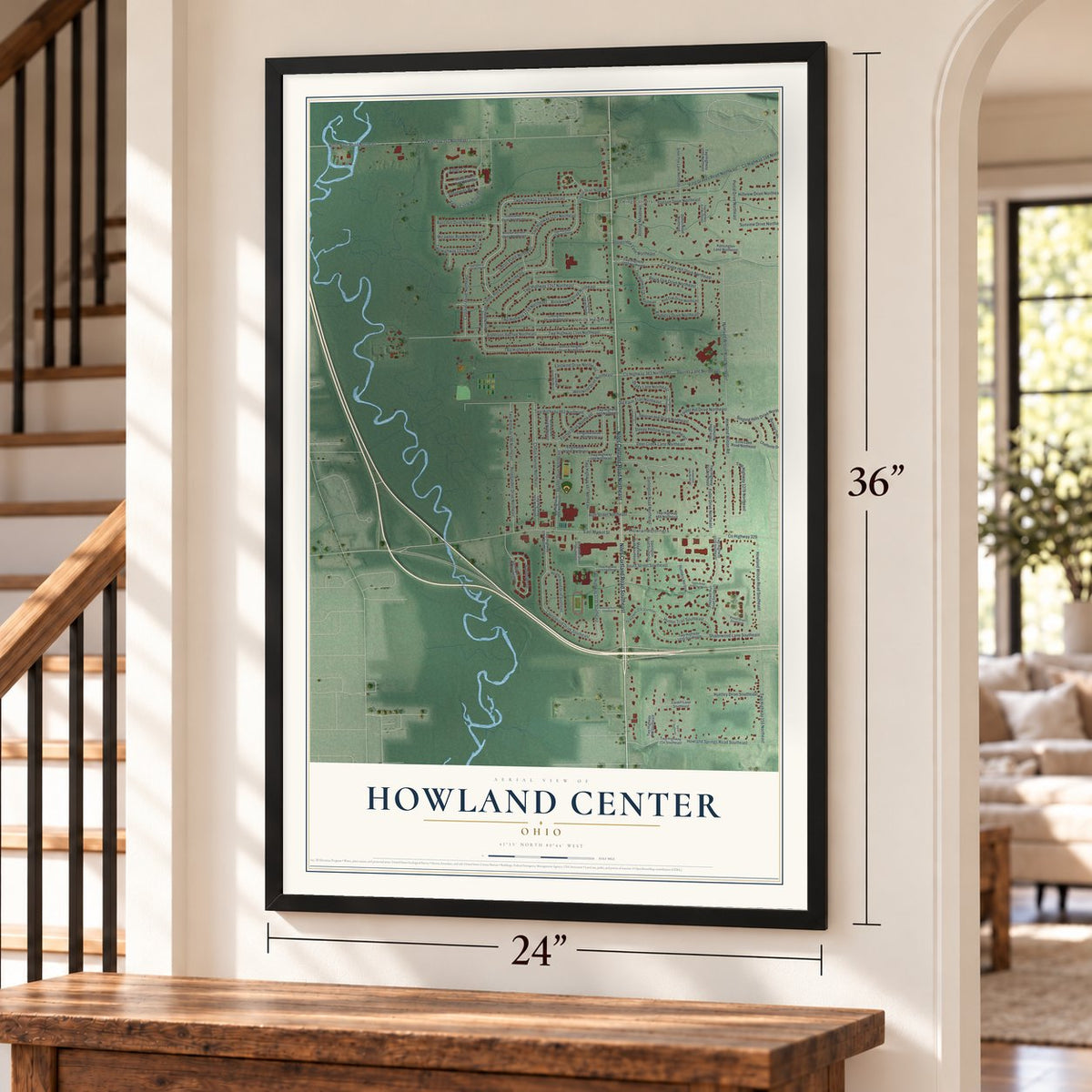 Howland Center, Ohio map, 24 x 36 inch print in a black frame by a staircase
