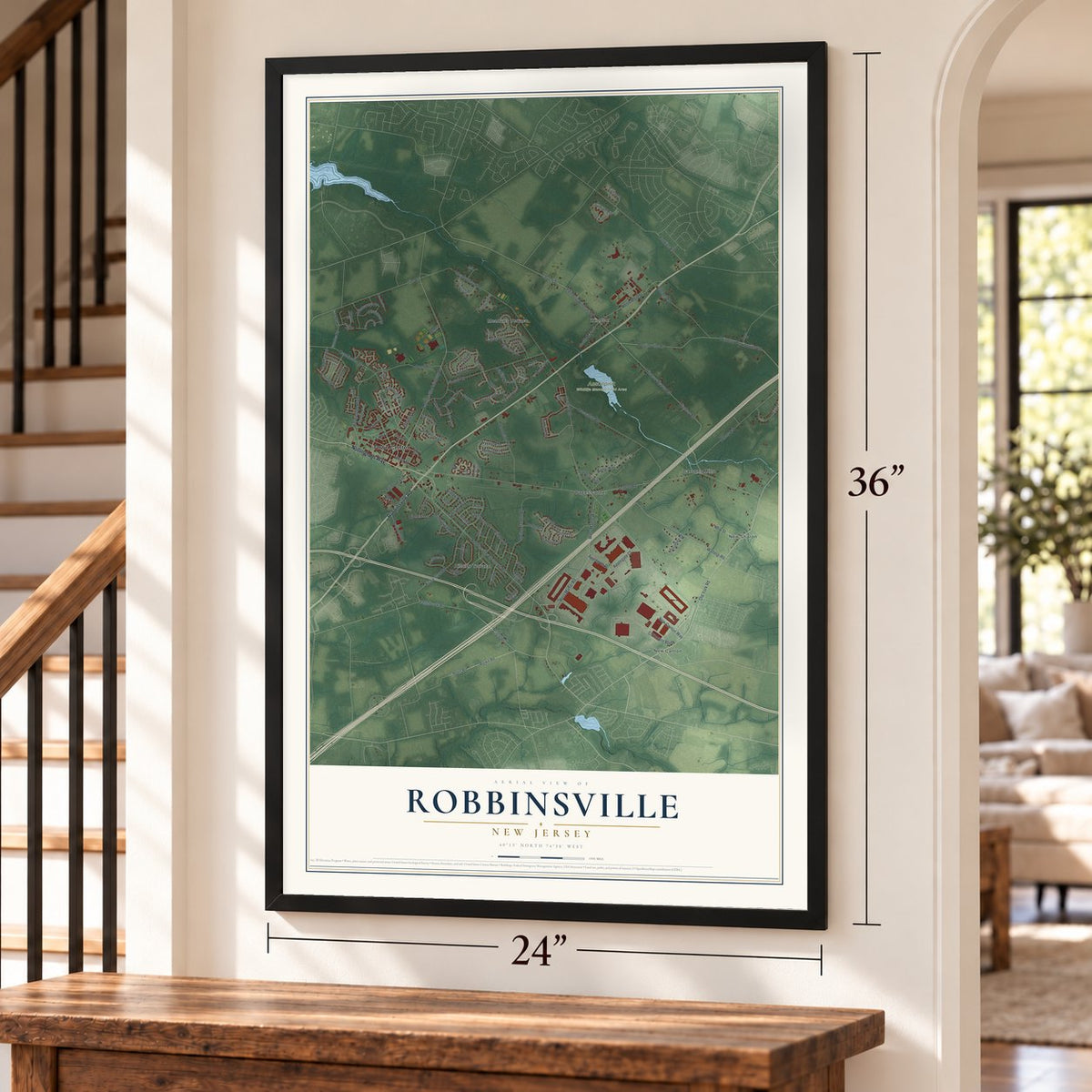 Robbinsville, New Jersey map, 24 x 36 inch print in a black frame by a staircase
