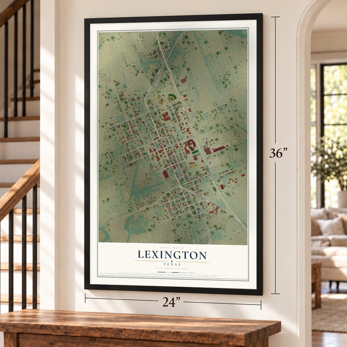 Lexington, Texas map, 24 x 36 inch print in a black frame by a staircase