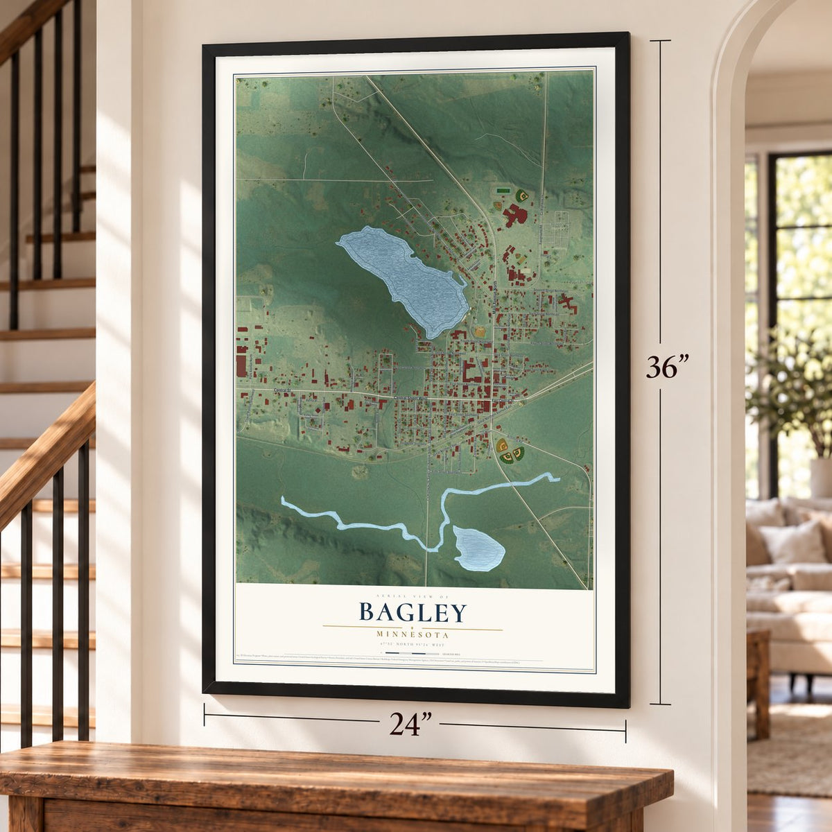 Bagley, Minnesota map, 24 x 36 inch print in a black frame by a staircase