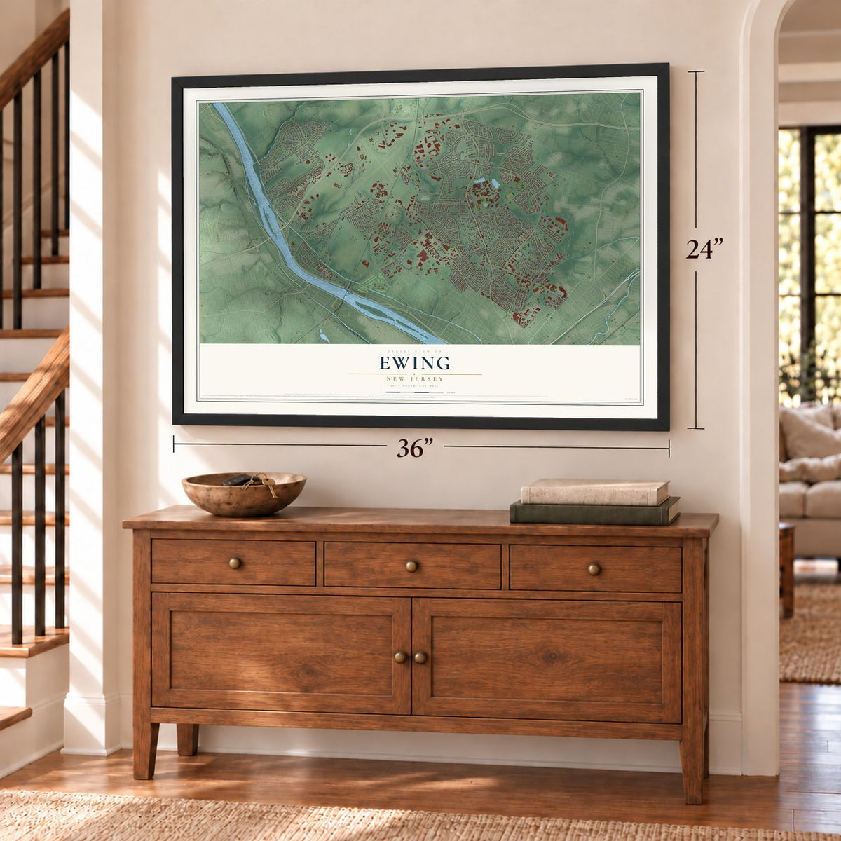 Ewing, New Jersey map, 24 x 36 inch print in a black frame above a dresser by a staircase