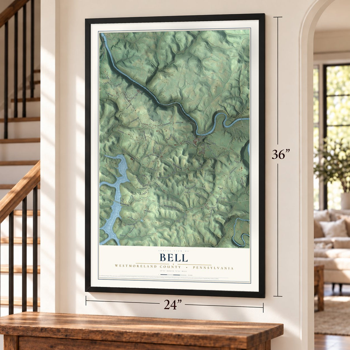Bell, Westmoreland County, Pennsylvania map, 24 x 36 inch print in a black frame by a staircase