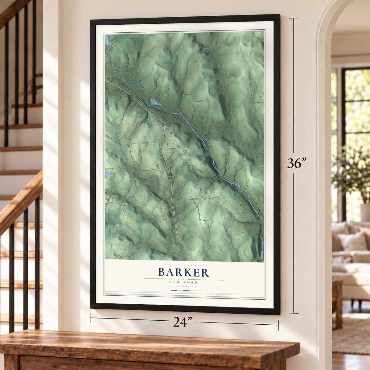Barker, New York map, 24 x 36 inch print in a black frame by a staircase