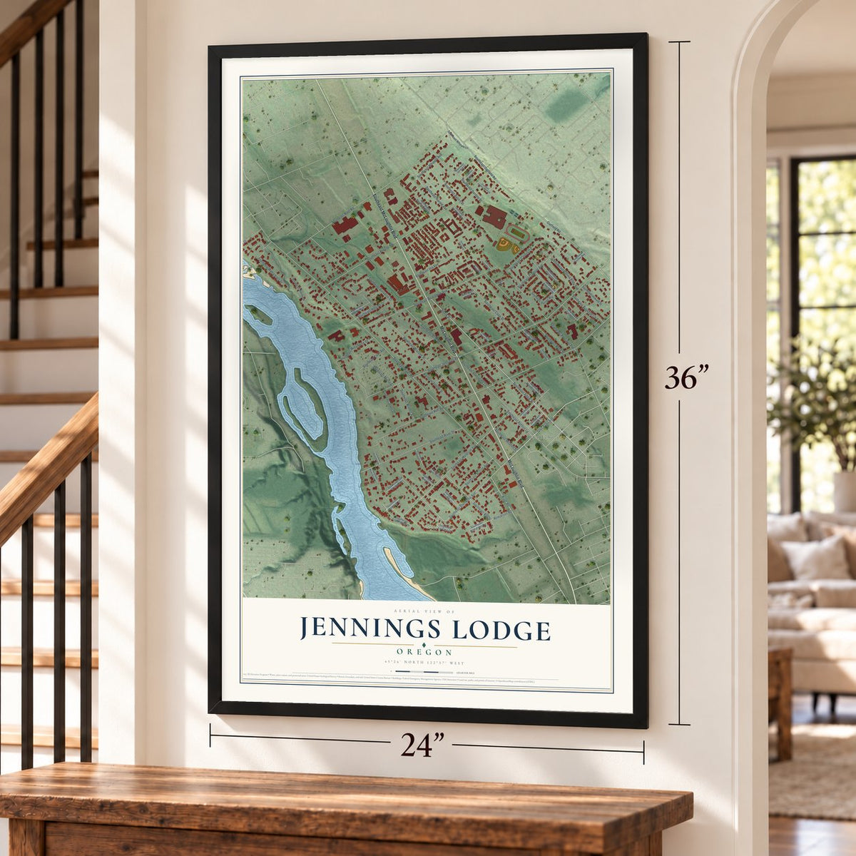 Jennings Lodge, Oregon map, 24 x 36 inch print in a black frame by a staircase