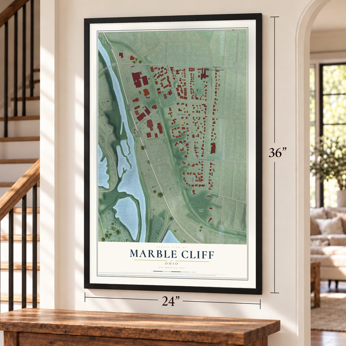 Marble Cliff, Ohio map, 24 x 36 inch print in a black frame by a staircase