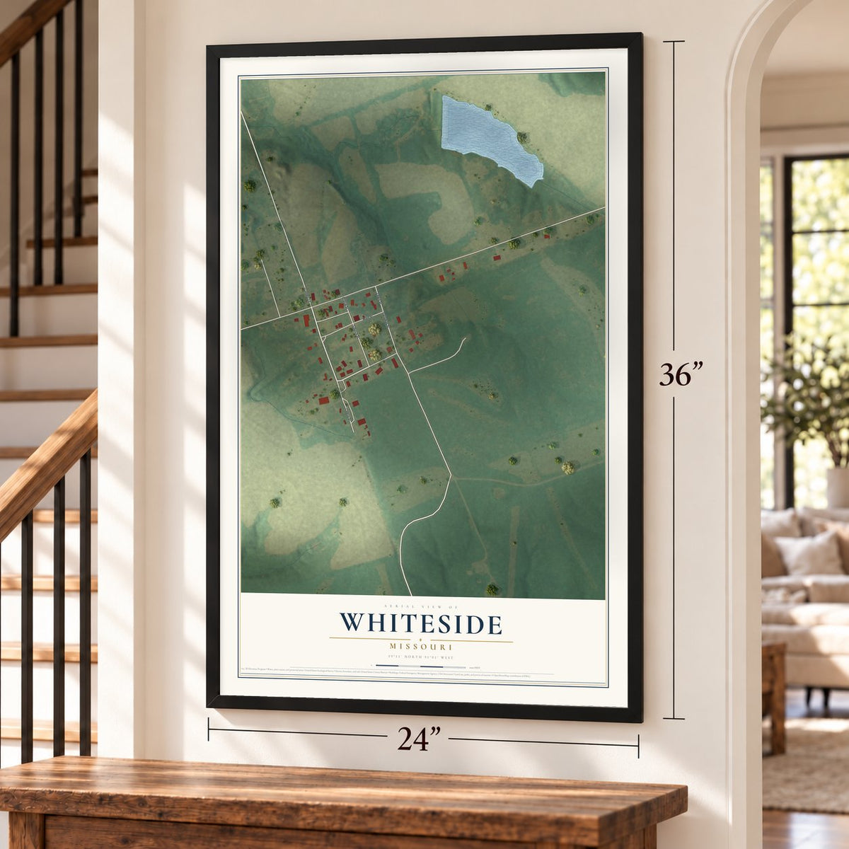 Whiteside, Missouri map, 24 x 36 inch print in a black frame by a staircase