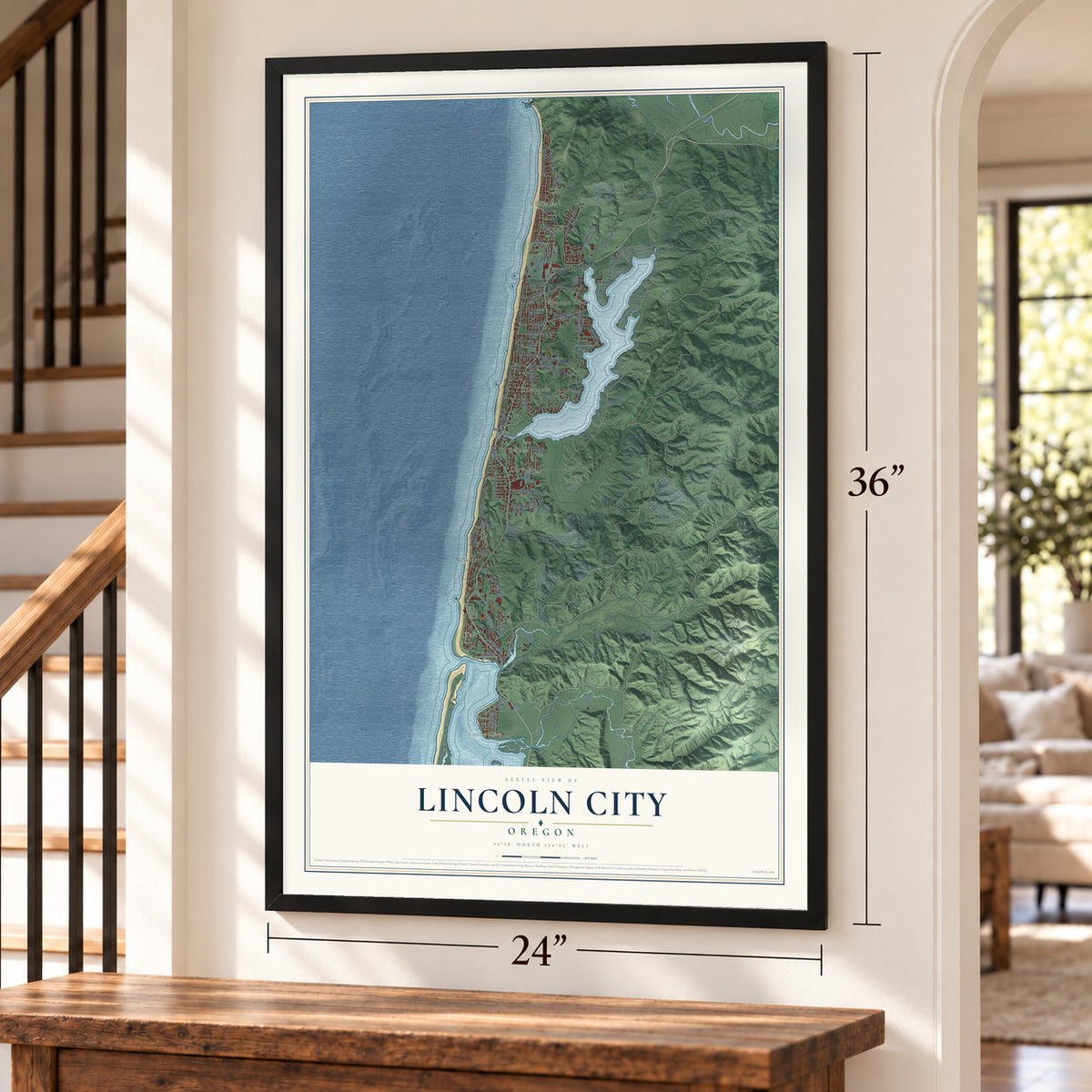 Lincoln City, Oregon map, 24 x 36 inch print in a black frame by a staircase