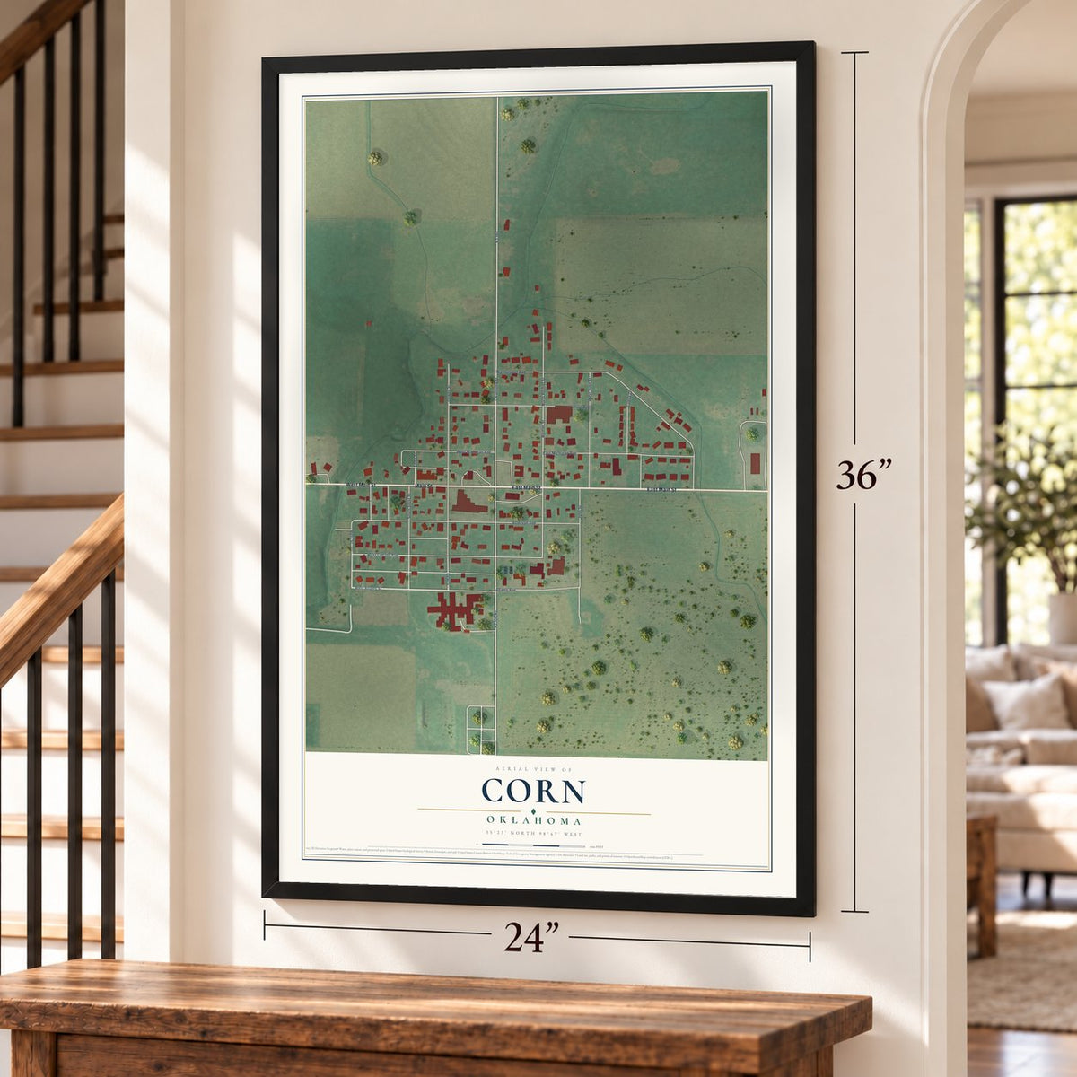 Corn, Oklahoma map, 24 x 36 inch print in a black frame by a staircase