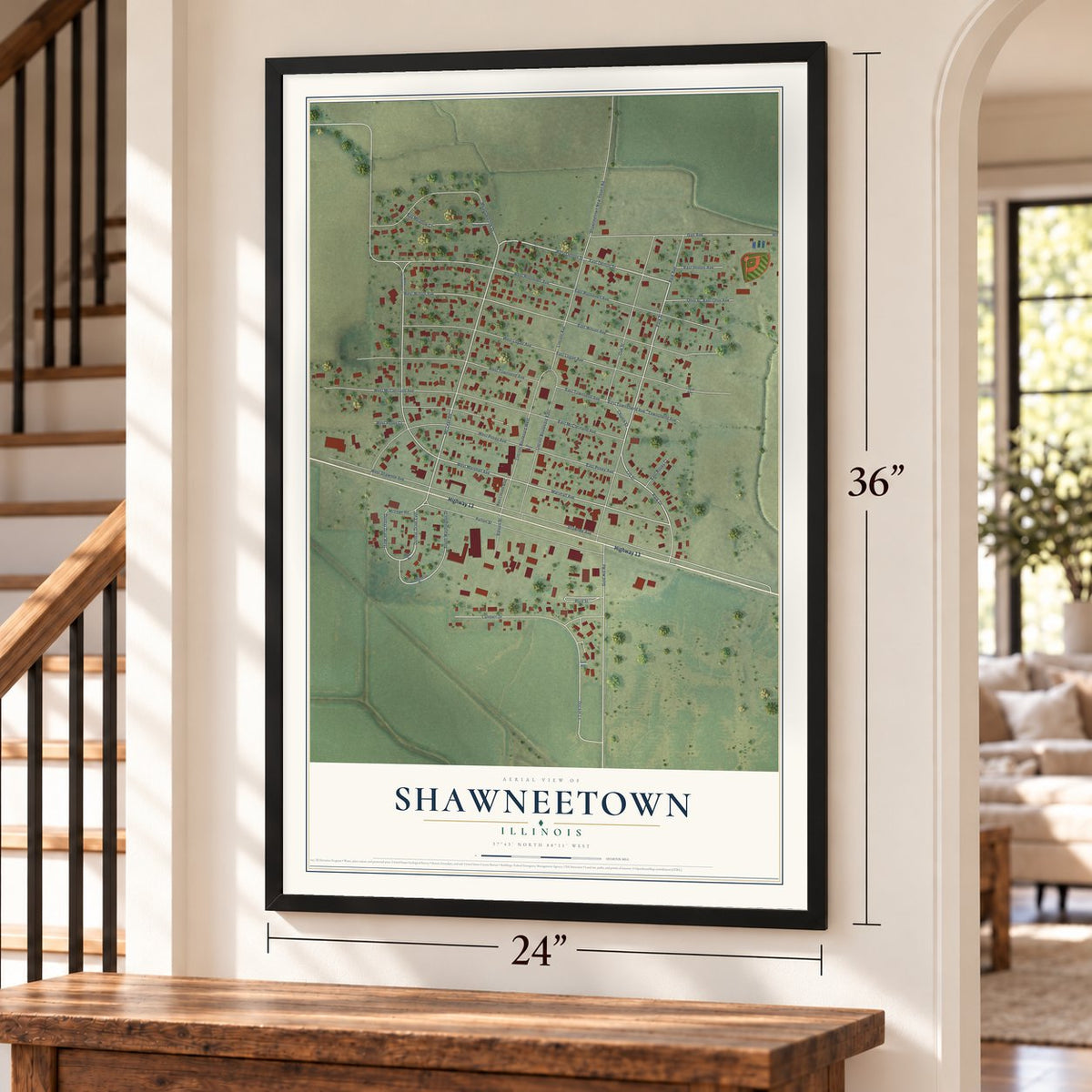 Shawneetown, Illinois map, 24 x 36 inch print in a black frame by a staircase
