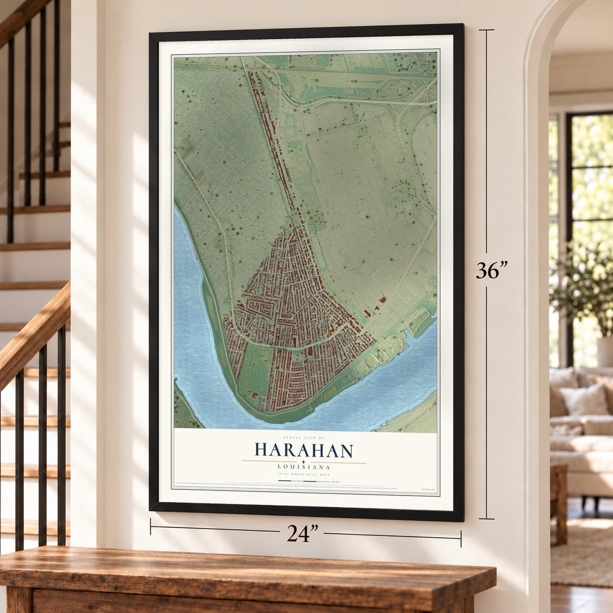 Harahan, Louisiana map, 24 x 36 inch print in a black frame by a staircase