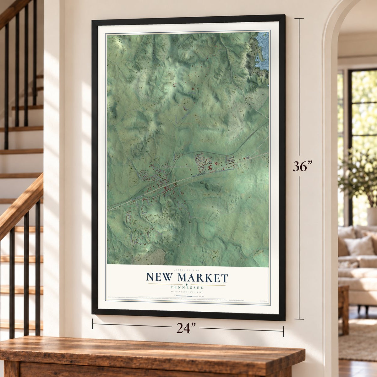 New Market, Tennessee map, 24 x 36 inch print in a black frame by a staircase