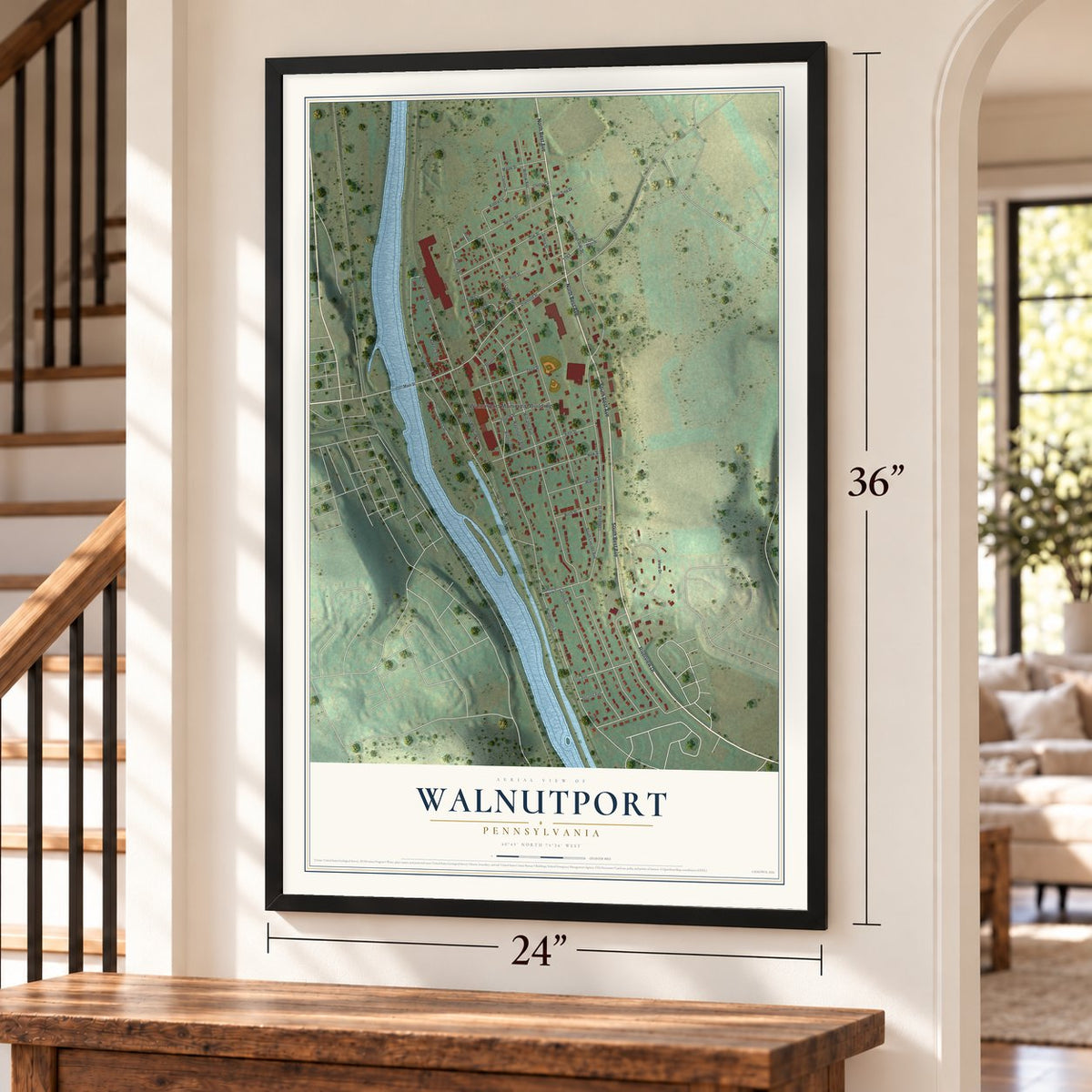 Walnutport, Pennsylvania map, 24 x 36 inch print in a black frame by a staircase